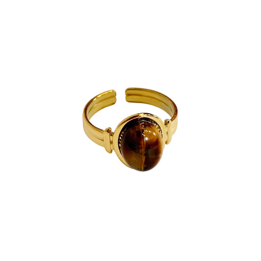Gold ring with a brown gemstone on a white background
