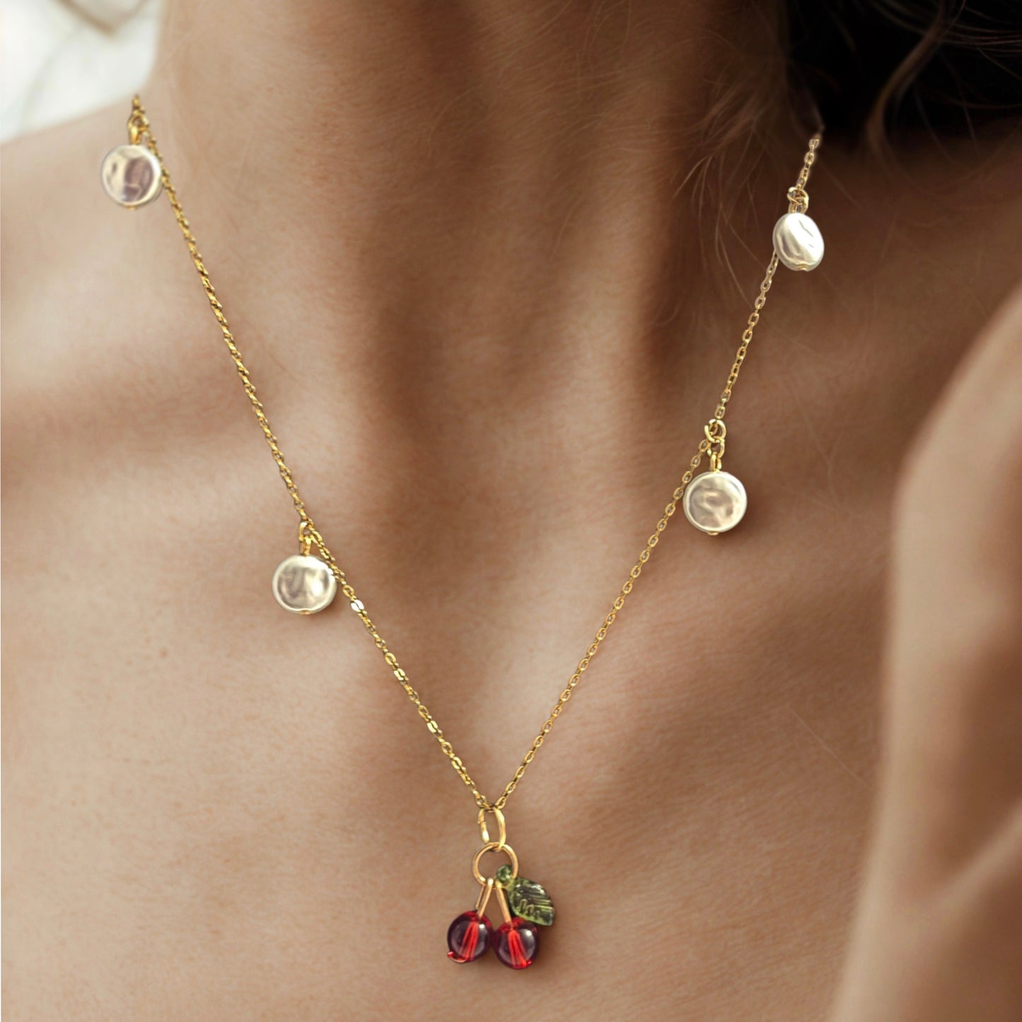 Cherry Bliss necklace in 18k gold-plated stainless steel front view model summer jewelry