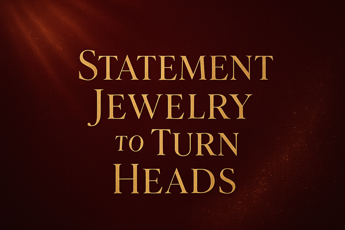 dark red backround with gold effect written in the middle in gold "statement jewelry to turn heads"