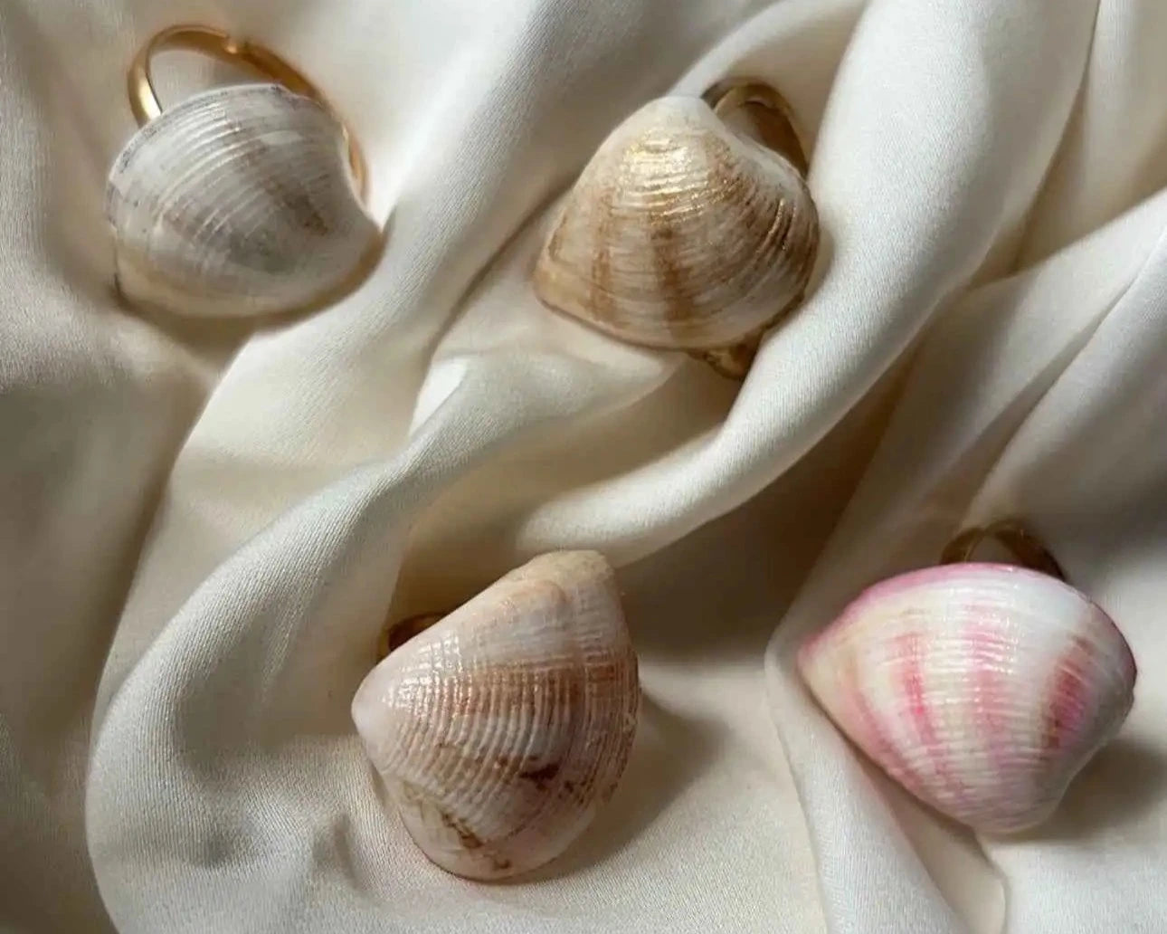 Shell-shaped earrings on a soft fabric background
