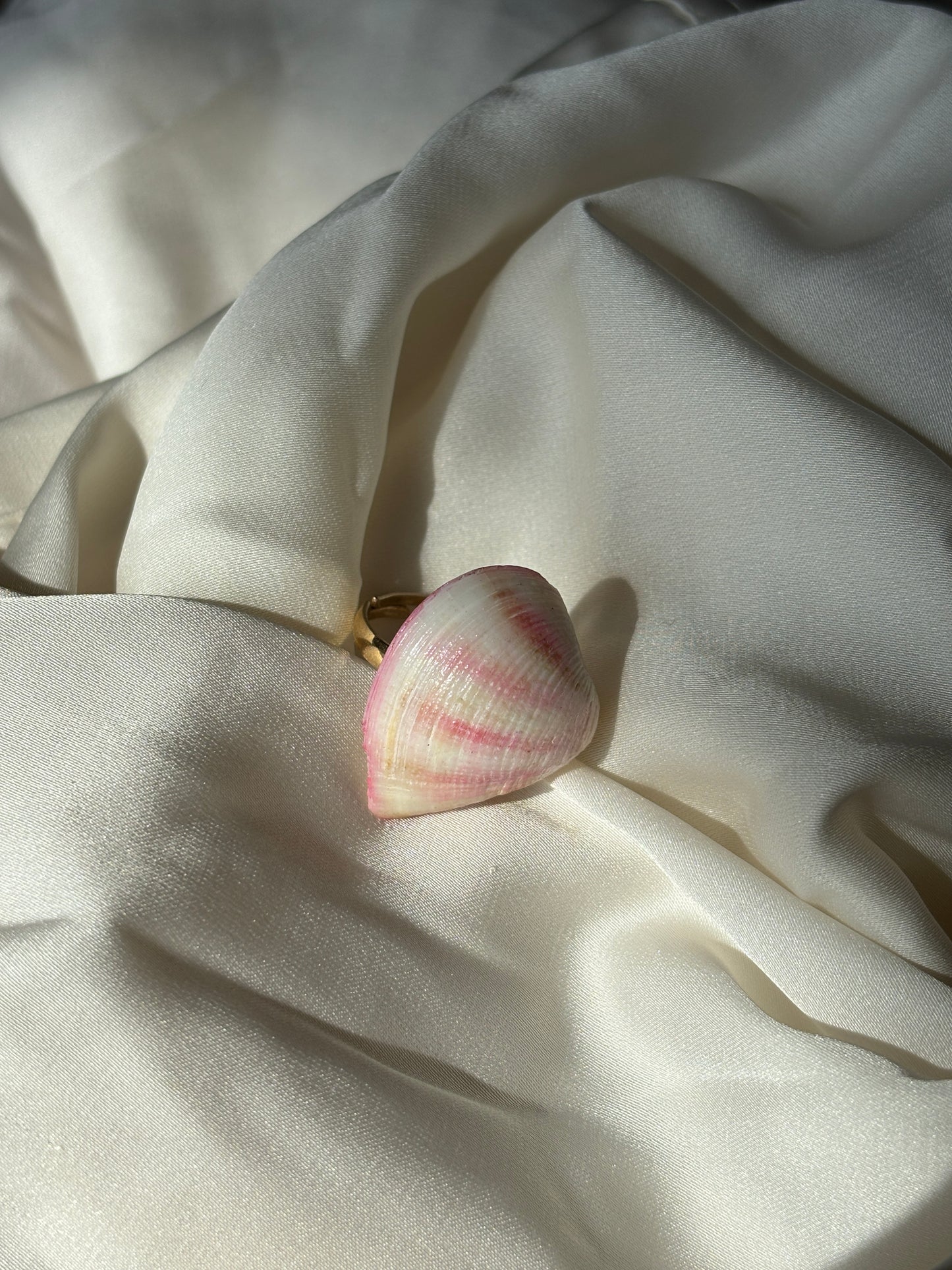 The pink seashade ring summer stainless steel on a white fabric 